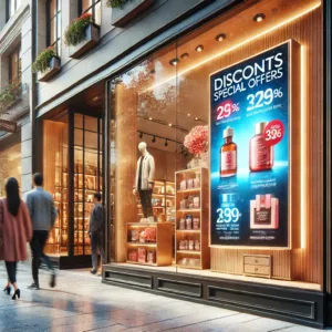 Une vitrine de magasin équipée d’un écran dynamique montrant des promotions attractives