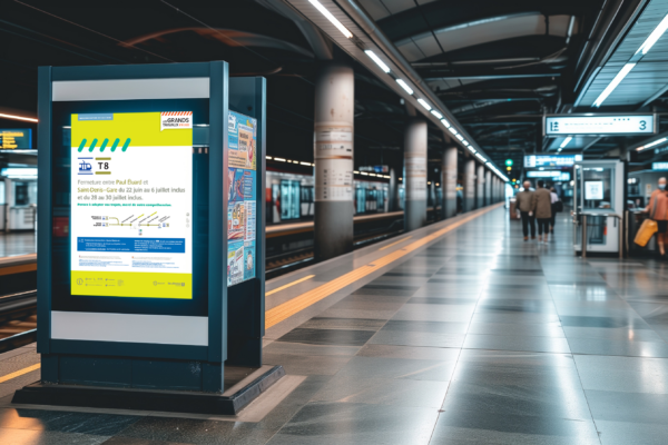 ecran dynamique avec message indiquant des perturbation de la ligne de metro RATP T8