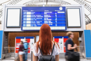 un ecran dans une gare de metro indiquant les horaires des prochain trains à un passager