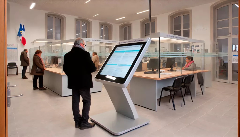 Totem interactif dans un centre administratif, utilisé pour les démarches administratives numériques et la consultation des services municipaux